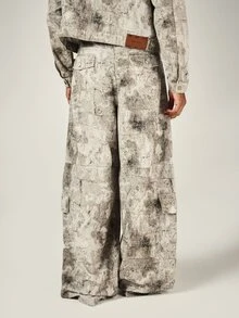 SUMWON Wide Leg Cargo Pants With Abstract Washed Print Large Side Pockets Full Length Streetwear Style Trousers - Multicolor - View 2