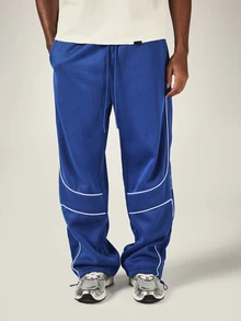 PLAYBOY X SUMWON Bunny Wide Leg Track Pants With White Contrast Piping Drawstring Waist Patch Pockets Elastic Ankle - Blue - View 4
