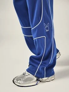 PLAYBOY X SUMWON Bunny Wide Leg Track Pants With White Contrast Piping Drawstring Waist Patch Pockets Elastic Ankle - Blue - View 5