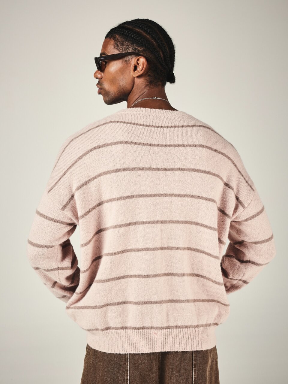 Oversized Crew Neck Knit Sweater With Horizontal Stripes And Embroidered Logo Chest Detail Long Sleeve Ribbed Cuff Hem Fall Winter