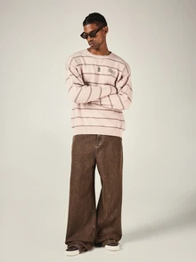 SUMWON Oversized Crew Neck Knit Sweater With Horizontal Stripes And Embroidered Logo Chest Detail Long Sleeve Ribbed Cuff Hem Fall Winter - Multicolor - View 3