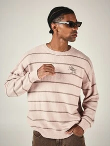 SUMWON Oversized Crew Neck Knit Sweater With Horizontal Stripes And Embroidered Logo Chest Detail Long Sleeve Ribbed Cuff Hem Fall Winter - Multicolor - View 4