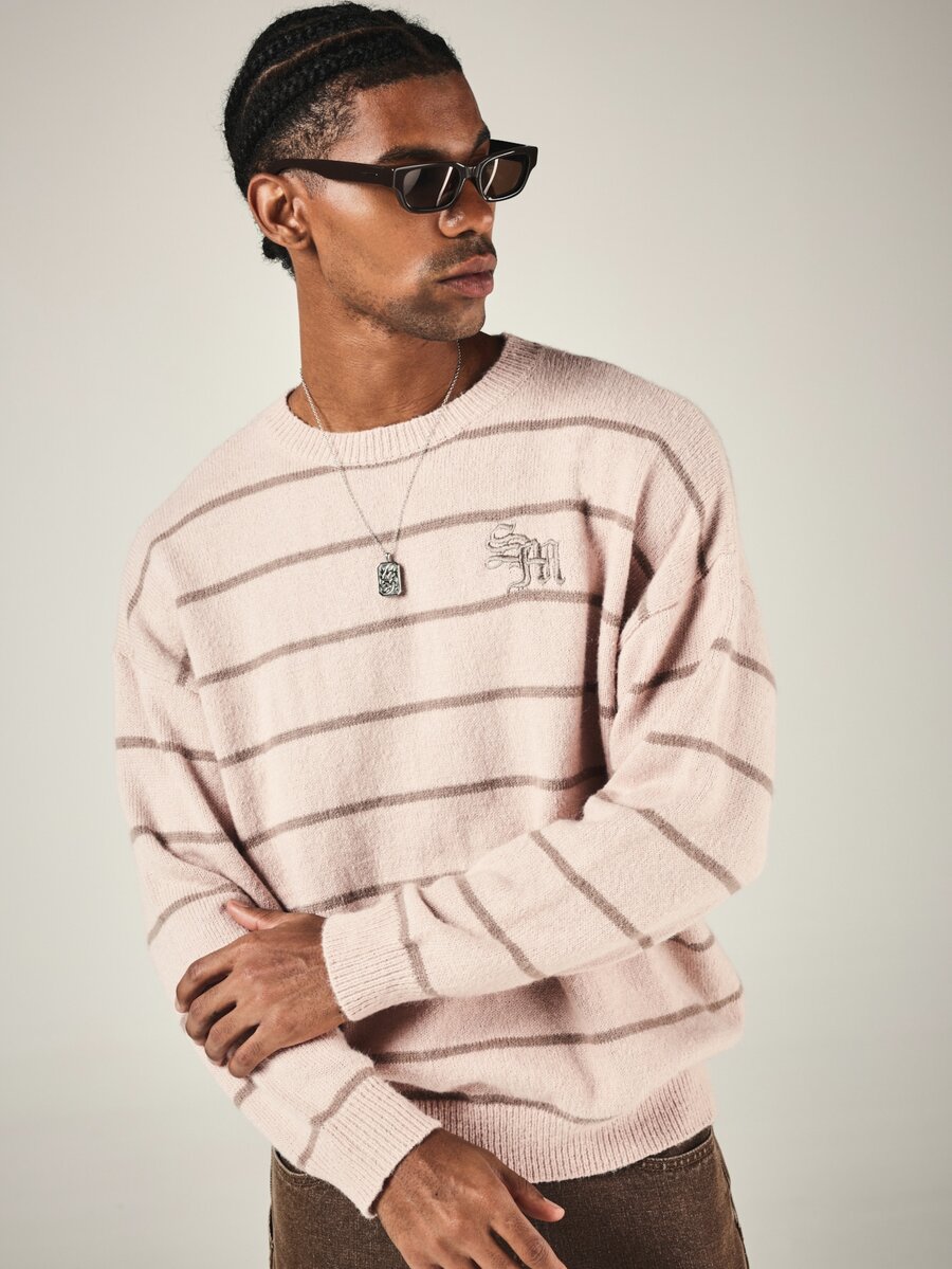 SUMWON Oversized Crew Neck Knit Sweater With Horizontal Stripes And Embroidered Logo Chest Detail Long Sleeve Ribbed Cuff Hem Fall Winter - Multicolor - View 1