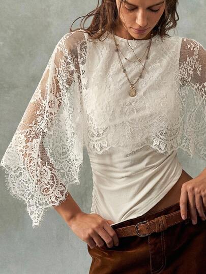 Bohemela Summer/Fall Outfit Vintage Vacation Paisley Floral Jacquard Knit Embroidered Ruffled Lace Patchwork Tops, Lace Poncho, Daily Wear&Concert Party Outfit