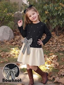 SHEIN Playful Pals 女童優雅珍珠裝飾條紋蝴蝶結拼接色塊 2 合 1 長袖 A 字版型上衣連身裙 - 黑與白 - 查看 4