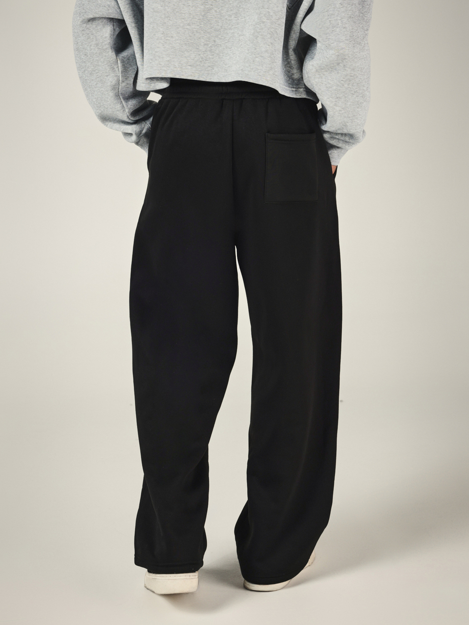 Wide Leg Black Sweatpants With Bold White Graphic Leg Print Drawstring Waist Streetwear Style Casual Trousers