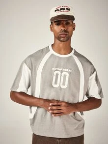 SUMWON Club Color Block Oversized Crew Neck T-Shirt With Varsity Number Print And Raglan Contrast Panel Short Sleeve Tee - Multicolor - View 5