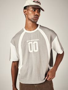 SUMWON Club Color Block Oversized Crew Neck T-Shirt With Varsity Number Print And Raglan Contrast Panel Short Sleeve Tee - Multicolor - View 1