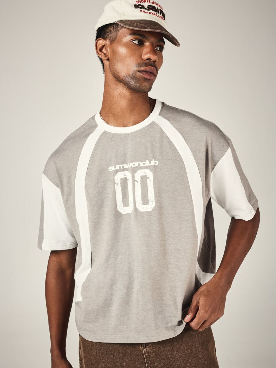 SUMWON Club Color Block Oversized Crew Neck T-Shirt With Varsity Number Print And Raglan Contrast Panel Short Sleeve Tee - Multicolor - View 1