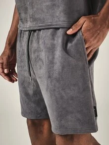 PLAYBOY X SUMWON Bunny Oversized Velour Co-Ord Set With Crew Neck Tee And Drawstring Shorts Summer Two-Piece Matching Outfit - Dark Grey - View 7