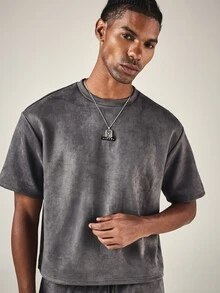 PLAYBOY X SUMWON Bunny Oversized Velour Co-Ord Set With Crew Neck Tee And Drawstring Shorts Summer Two-Piece Matching Outfit - Dark Grey - View 3