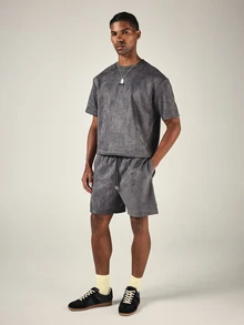 PLAYBOY X SUMWON Bunny Oversized Velour Co-Ord Set With Crew Neck Tee And Drawstring Shorts Summer Two-Piece Matching Outfit - Dark Grey - View 2