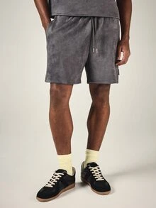 PLAYBOY X SUMWON Bunny Oversized Velour Co-Ord Set With Crew Neck Tee And Drawstring Shorts Summer Two-Piece Matching Outfit - Dark Grey - View 4