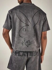 PLAYBOY X SUMWON Bunny Oversized Velour Co-Ord Set With Crew Neck Tee And Drawstring Shorts Summer Two-Piece Matching Outfit - Dark Grey - View 6