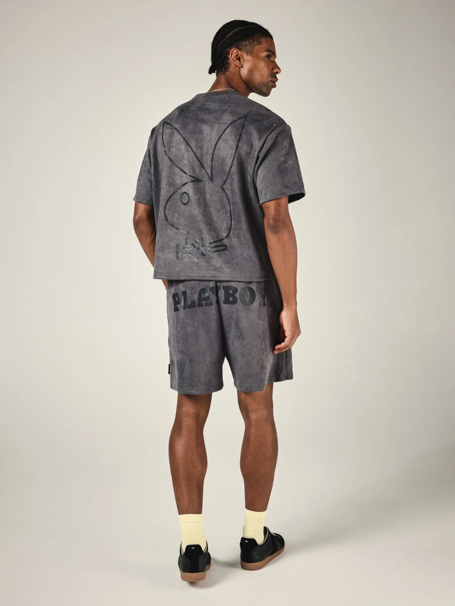 PLAYBOY X SUMWON Bunny Oversized Velour Co-Ord Set With Crew Neck Tee And Drawstring Shorts Summer Two-Piece Matching Outfit - Dark Grey - View 1