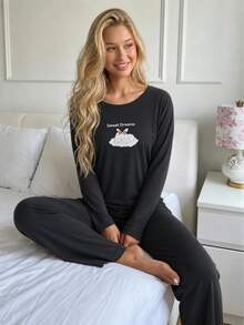 SHEIN Cotton Line Women Rabbit Print Round Neck Long Sleeve Top & High Waist Comfy Pants 2 Pcs Pajama Set – Anthracite Color, Cartoon Rabbit Graphic Print Pattern, Long Length And Casual Cozy Design Style - Dark Grey - View 1