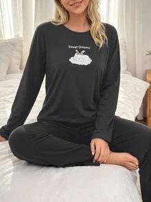 SHEIN Cotton Line Women Rabbit Print Round Neck Long Sleeve Top & High Waist Comfy Pants 2 Pcs Pajama Set – Anthracite Color, Cartoon Rabbit Graphic Print Pattern, Long Length And Casual Cozy Design Style - Dark Grey - View 4