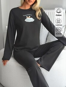 SHEIN Cotton Line Women Rabbit Print Round Neck Long Sleeve Top & High Waist Comfy Pants 2 Pcs Pajama Set – Anthracite Color, Cartoon Rabbit Graphic Print Pattern, Long Length And Casual Cozy Design Style - Dark Grey - View 9
