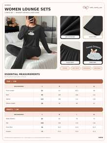 SHEIN Cotton Line Women Rabbit Print Round Neck Long Sleeve Top & High Waist Comfy Pants 2 Pcs Pajama Set – Anthracite Color, Cartoon Rabbit Graphic Print Pattern, Long Length And Casual Cozy Design Style - Dark Grey - View 3