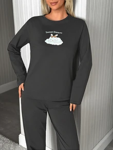 SHEIN Cotton Line Women Rabbit Print Round Neck Long Sleeve Top & High Waist Comfy Pants 2 Pcs Pajama Set – Anthracite Color, Cartoon Rabbit Graphic Print Pattern, Long Length And Casual Cozy Design Style - Dark Grey - View 8