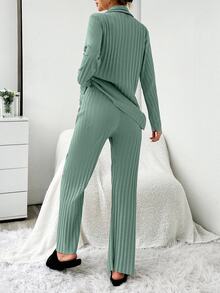 SHEIN Cottnline TALL Women 2 Pcs Cotton Rib Knit Mint Contrast Colour Button Front Long Sleeve Long Pants Pajama Set - Mint Green - View 2
