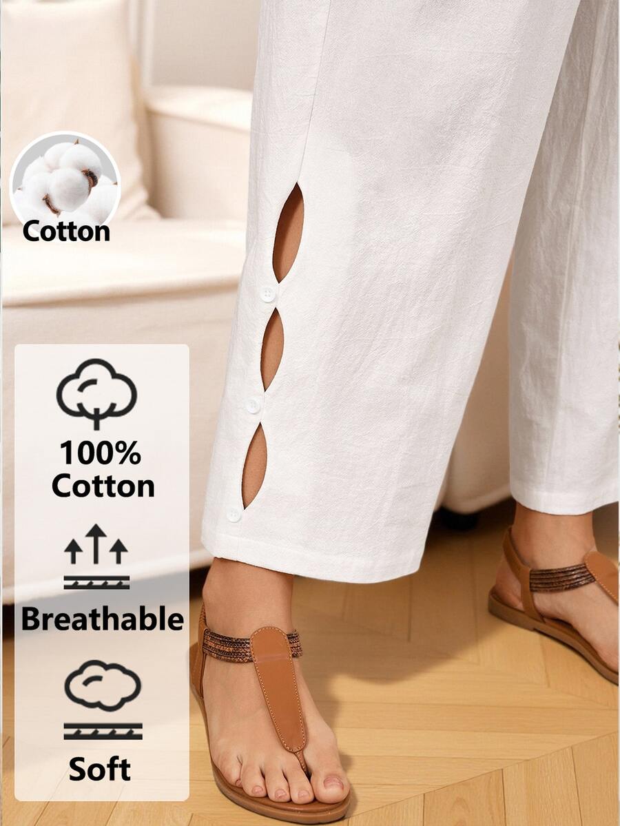 Rosumi Plus Size Vacation Casual Solid Color Hollow Out Pants, Summer For Women, Vacation Woman, Spring - White - View 1