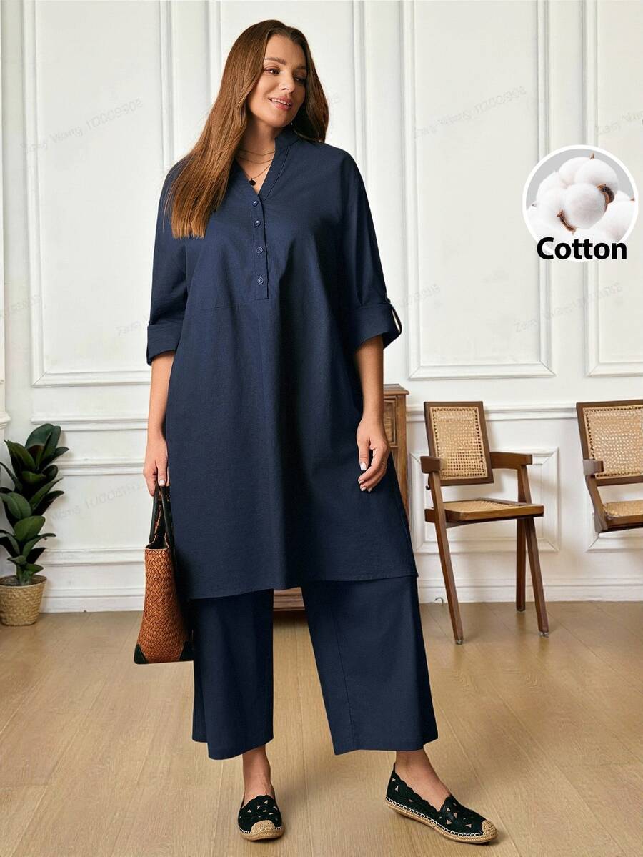 Rosumi Plus Size Women's Navy Blue Casual Modest 2 Pieces Set,Notched Neck Button-Up Roll Tab Sleeve Loose Long Top Wide Leg Pants,Autumn Outfits Formal - Royal Blue - View 1