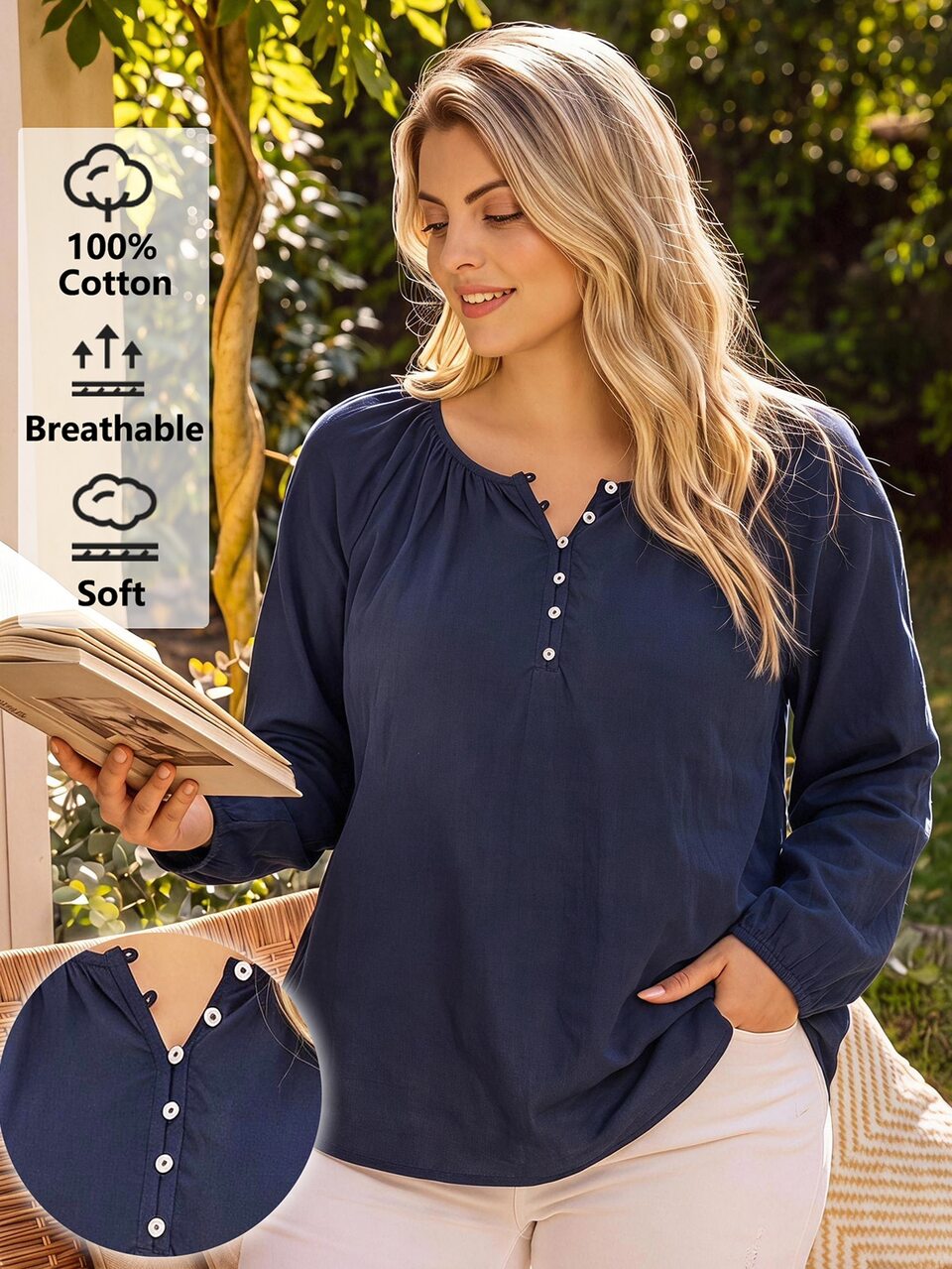 Women's Plus Size Pullover Button Decor Shirt Autumn Navy Blue Casual Soft Form Modest Button-Down Sweater Formal Date Night Vacation Fall