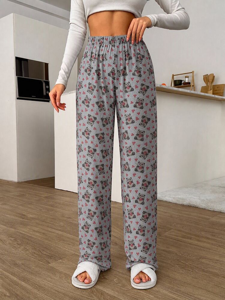 SHEIN 2pcs Panda & Heart Print Elastic Waist Casual Pajama Pants Set - Multicolor - View 3