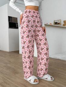 SHEIN Cottnline طقم بنطلون بيجامة كاجوال لطيف بطبعة قلب الباندا وخصر مطاطي للنوم باللون الوردي والرمادي للربيع - متعدد الألوان - مشاهدة 5