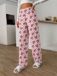 SHEIN Cottnline طقم بنطلون بيجامة كاجوال لطيف بطبعة قلب الباندا وخصر مطاطي للنوم باللون الوردي والرمادي للربيع - متعدد الألوان - مشاهدة 6