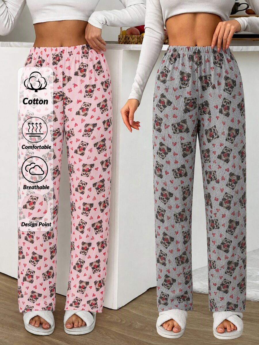 SHEIN Cottnline طقم بنطلون بيجامة كاجوال لطيف بطبعة قلب الباندا وخصر مطاطي للنوم باللون الوردي والرمادي للربيع