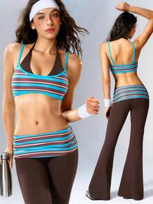 VARSIVA Women's Striped Patchwork Bra & Flare Pants Sports Activewear Set - Multicolor - View 3