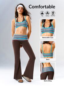 VARSIVA Women's Striped Patchwork Bra & Flare Pants Sports Activewear Set - Multicolor - View 5