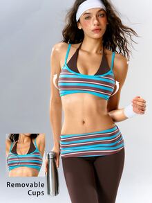 VARSIVA Women's Striped Patchwork Bra & Flare Pants Sports Activewear Set - Multicolor - View 12