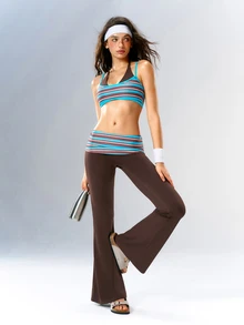VARSIVA Women's Striped Patchwork Bra & Flare Pants Sports Activewear Set - Multicolor - View 7