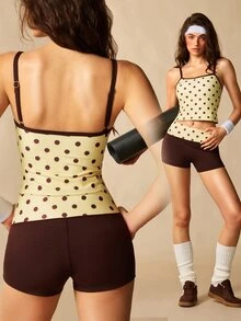 VARSIVA Women's Polka Dot Contrast Trim Camisole And Shorts Casual Sporty Cute Athleisure Daily Activewear Set Gym Pilates Chocolate Brown Fall - Yellow - View 2