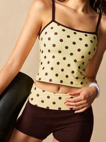 VARSIVA Women's Polka Dot Contrast Trim Camisole And Shorts Casual Sporty Cute Athleisure Daily Activewear Set Gym Pilates Chocolate Brown Fall - Yellow - View 1