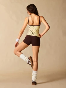VARSIVA Women's Polka Dot Contrast Trim Camisole And Shorts Casual Sporty Cute Athleisure Daily Activewear Set Gym Pilates Chocolate Brown Fall - Yellow - View 4