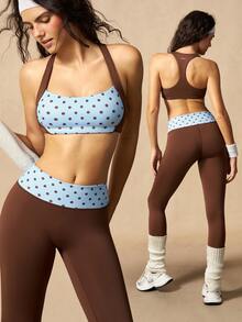 VARSIVA Women's Polka Dot Patchwork Halter Neck Cropped Top & Leggings Sports Set - Multicolor - View 2