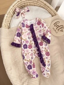 SHEIN Newborn Baby Boy Cute Knitted Casual Cartoon Bear Pattern Autumn Romper & Headband Set - Multicolor - View 2
