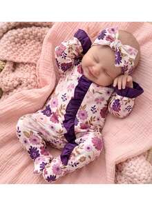 SHEIN Newborn Baby Boy Cute Knitted Casual Cartoon Bear Pattern Autumn Romper & Headband Set - Multicolor - View 1