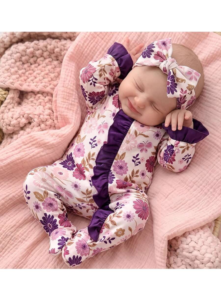 SHEIN Newborn Baby Boy Cute Knitted Casual Cartoon Bear Pattern Autumn Romper & Headband Set - Multicolor - View 1