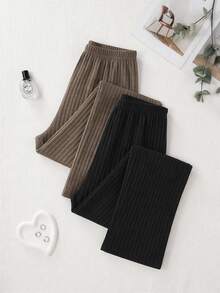 SHEIN Women 2pcs Rib Knit Beige & Black Long Pants Homewear Comfort Pajama Sleep Bottoms Set - Multicolor - View 3
