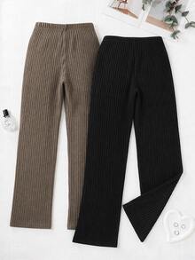 SHEIN Women 2pcs Rib Knit Beige & Black Long Pants Homewear Comfort Pajama Sleep Bottoms Set - Multicolor - View 2
