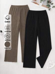 SHEIN Women 2pcs Rib Knit Beige & Black Long Pants Homewear Comfort Pajama Sleep Bottoms Set - Multicolor - View 1