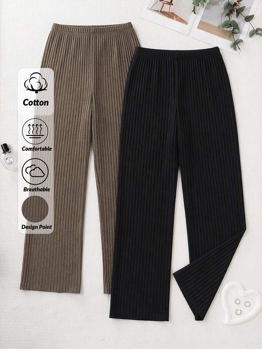 SHEIN Women 2pcs Rib Knit Beige & Black Long Pants Homewear Comfort Pajama Sleep Bottoms Set - Multicolor - View 1