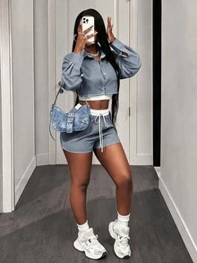 BamGleam 2pcs Women Casual Striped Button Front Crop Top And Shorts Set - Dusty Blue - View 10