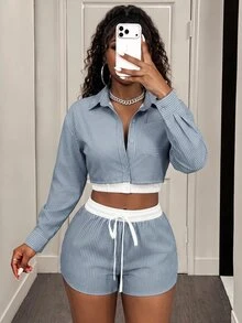 BamGleam 2pcs Women Casual Striped Button Front Crop Top And Shorts Set - Dusty Blue - View 5
