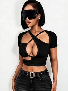 BamGleam Women Solid Color Cutout Fitted Sexy T-Shirt Club Party Black Summer - Black - View 2